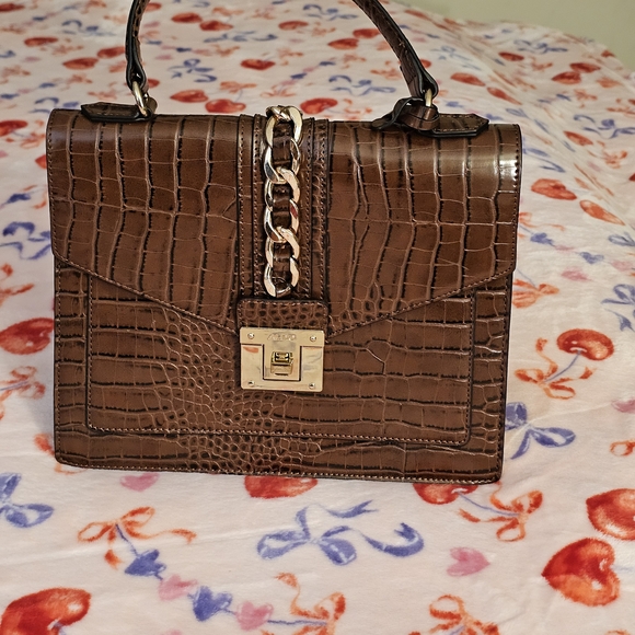 Aldo Handbags - Aldo Brown Croc-Embossed Satchel with Gold Chain Accent